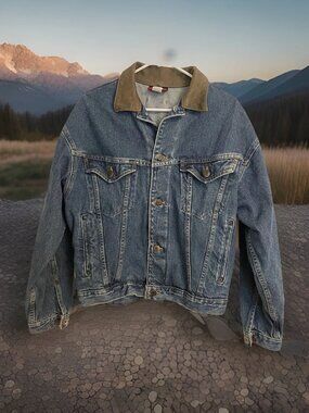 Vintage ID Wear Denim Jacket Lined Leather Collar S Small